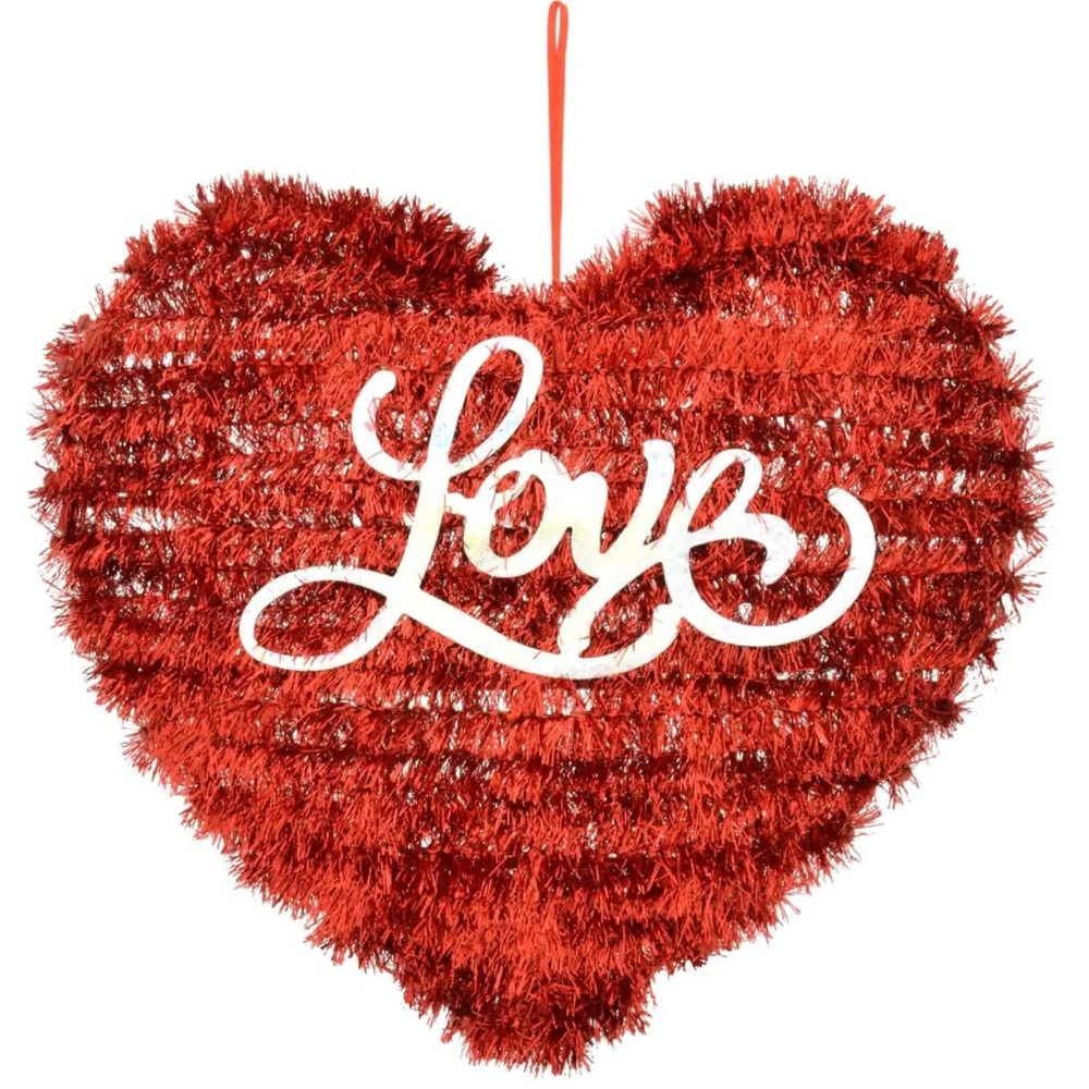Decor Red Tinsel Heart Wall Hanging with 'Love' Script